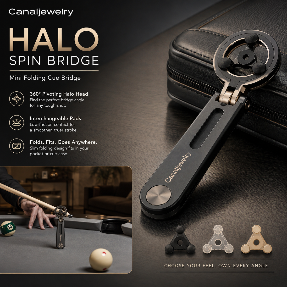 Canaljewelry™ Halo Spin Folding Cue Bridge