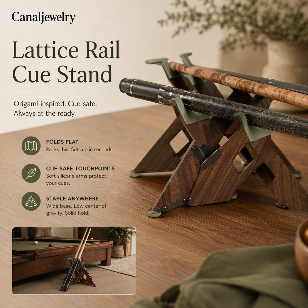 Canaljewelry™ Lattice Rail Folding Cue Stand