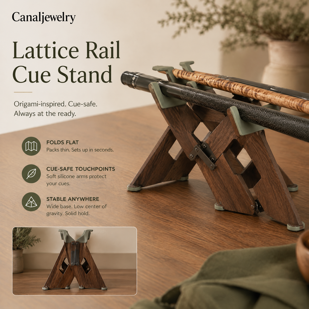 Canaljewelry™ Lattice Rail Folding Cue Stand